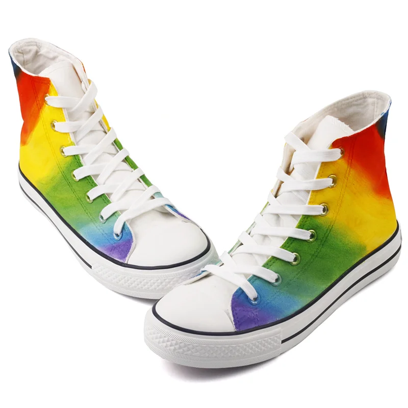 

2019 Hand Paint Dye Rainbow Canvas Shoes Women High Top Lace-up Vulcanizes Shoes Woman Spring Casual Shoes Sneakers