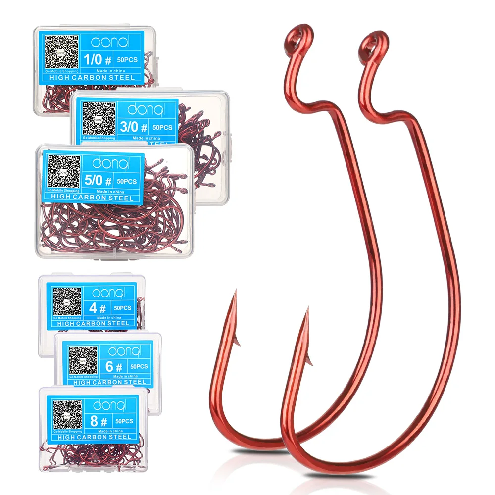 

DONQL 50pcs/ Set Wide Crank Fishing Hooks Offset Carp Fishhook 5/0#-1# For Soft Worm Lure Red Silver Bass Barbed Fishing Hooks