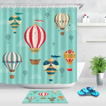 

LB Colorful Hot Air Balloon Extra Long Shower Curtain Travel Set Light Blue Bathroom Waterproof Fabric For Art Kid Bathtub Decor