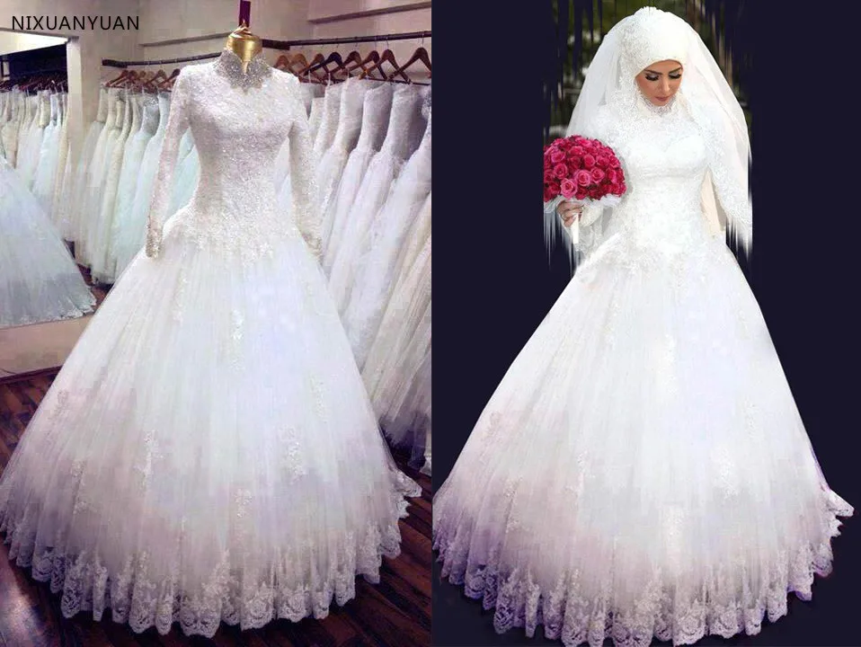 

2019 Long Sleeves Muslim Wedding Dress High Neck Lace Long robe de mariage Islamic Arabic Wedding Dresses Vestido De Novia