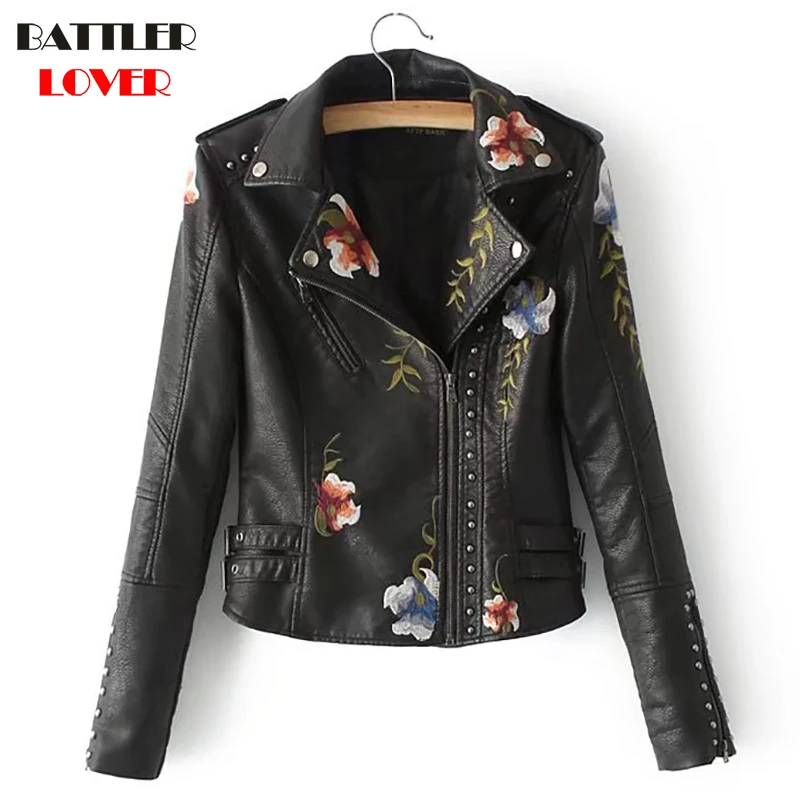 Embroiderry Flower Womens Leather Jackets Winter Jacket Women Patched Rivet Luxury Design Hip Hop Biker Jacket Mujer Femme Coats