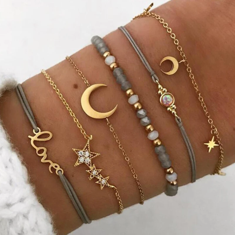 

6 Pcs/ Set Retro Hollow Star Moon Love Crystal Chain Pendant Gold Bead Bracelet Female Classic Multilayer Leather Bracelet Set