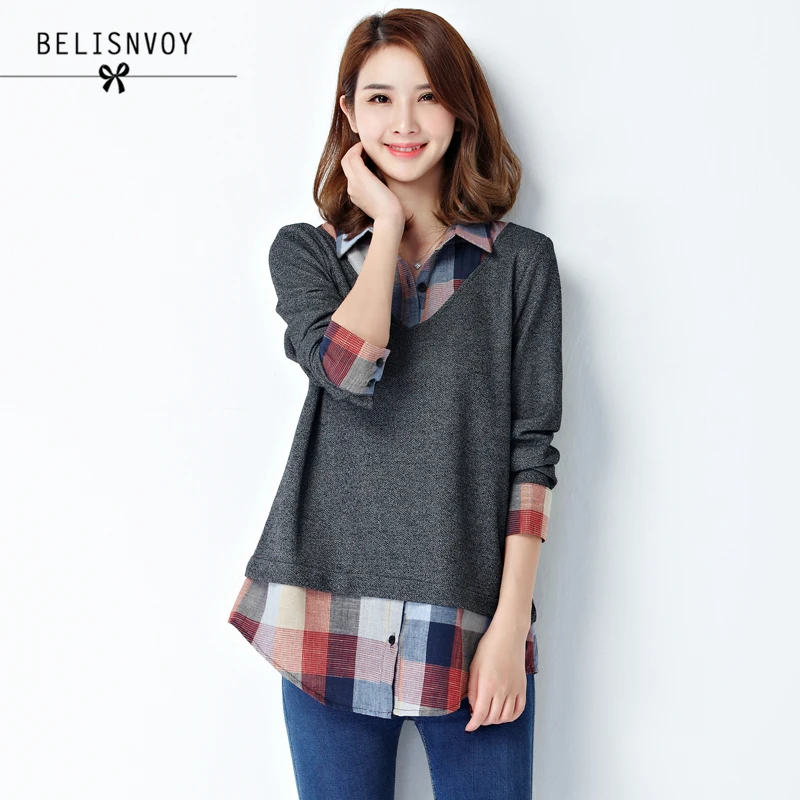 Женская рубашка из двух частей свободная клетчатая с отложным воротником и