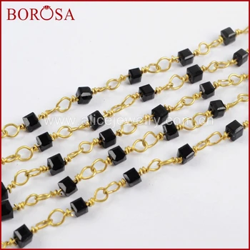 

BOROSA 5Meters Gold/Silver Color Brass Chains Square Black Quartz Beads Rosary Chain Fashion Beaded Chains for Jewelry DIY JT219