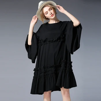 

Women's Summer Dresses 2018 Pure Color Casual Women Ruffles Dress Flare sleeve Plus Size Spring Black Dresses for Women