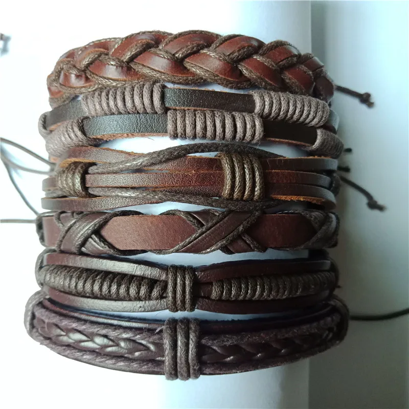 6pcs brown wrap real leather bracelet men 2018 friendship Bracelets