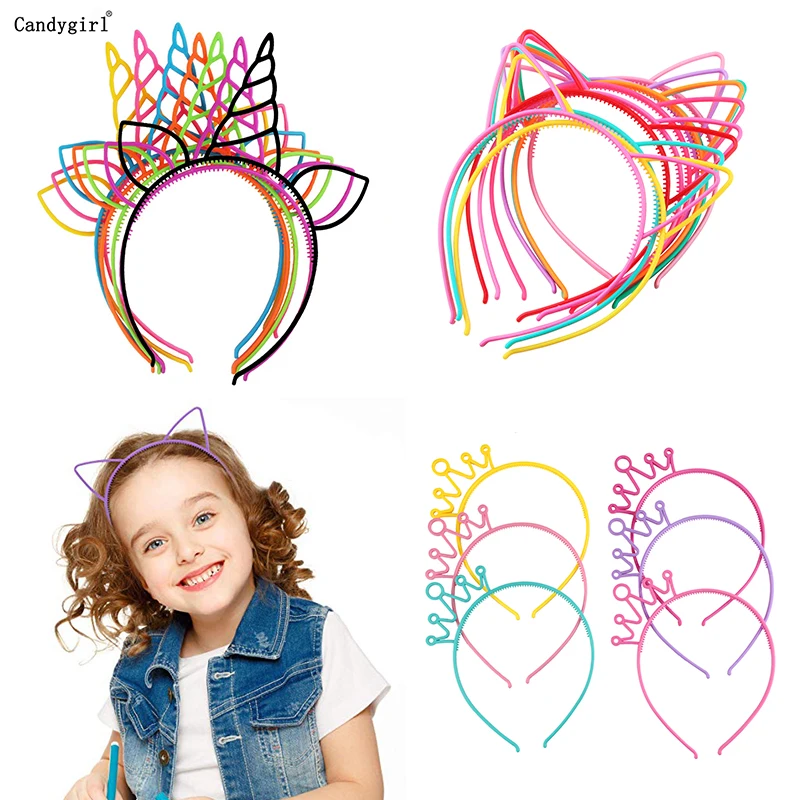 7pcs Lovely Plastic Cat Ears Headband Candy Color Unicorn Crown Hairbands Girls Kids Party Daily Decoration Hair Accessories dollshouse 1 12 scale mini model decoration lovely flower delicate mix and match