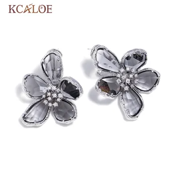 

KCALOE Gray Austrian Crystal Big Flowers Wedding Earrings For Women Silver Color Luxury Rhinestone Statement Stud Earring