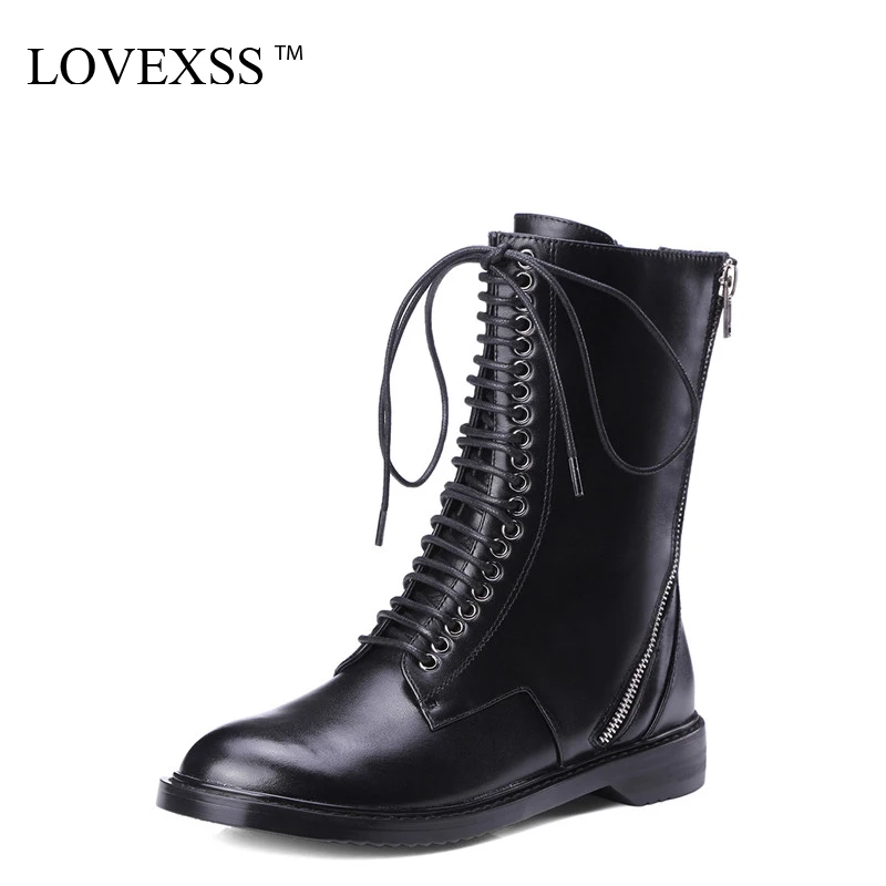 

LOVEXSS Woman Genuine Leather Riding Boots Black Autumn Winter Lace Up Martens Boots Zipper Chelsea Punk Boots 2017 Gothic Shoes
