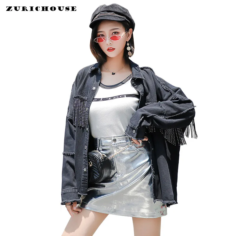 

ZURICHOUSE Fashion Women's Denim Jacket Sequined Tassel Outwear 2019 Autumn Street Style Frayed Burr Jeans Jackets Coats Ladies