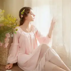 Французский романтический рубашки 2018 мягкий хлопок ночной рубашке женщина с длинными рукавами кружева дворец ретро элегантный набор для