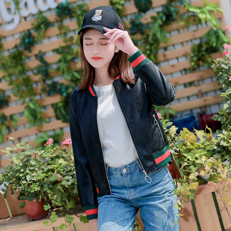 

2019 New Spring Autumn Thin PVC Baseball Uniform Long Sleeve Jackets Women Korean Casual Zipper Packet O-Neck Basic Street Coat