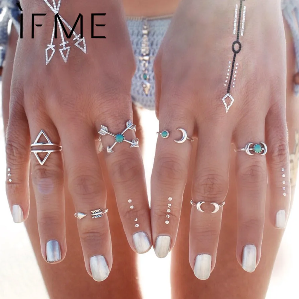 

IF ME Vintage Beach Steampunk Moon Arrow Ring Set Anillos Antique Silver Color Midi Finger Rings Knuckle anelli for Women Anel