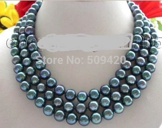 

Free Shipping >>3rows Genuine Natural 10mm Peacock Round Pearl Necklace