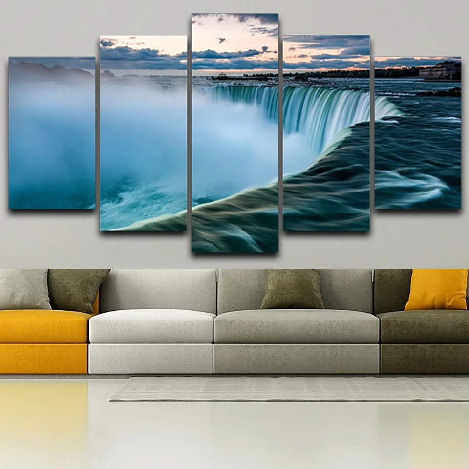 Art Painting HD Printed Canvas Poster Home Decor 5 Panel Beautiful Waterfall Scenery Framed Wall Living Room Modular Pictures