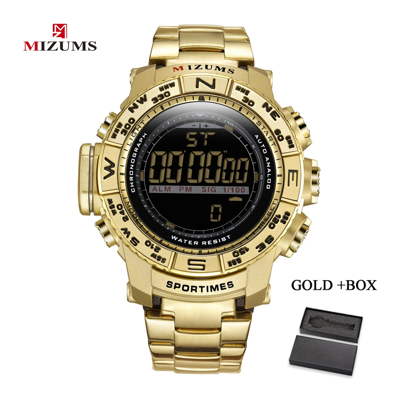 Mizums спортивные цифровые часы для мужчин светодиодный дисплей водонепроницаемые мужские кварцевые часы Стальные мужские наручные часы Relogio dourado masculino - Цвет: MIZUMS GOLD BOX