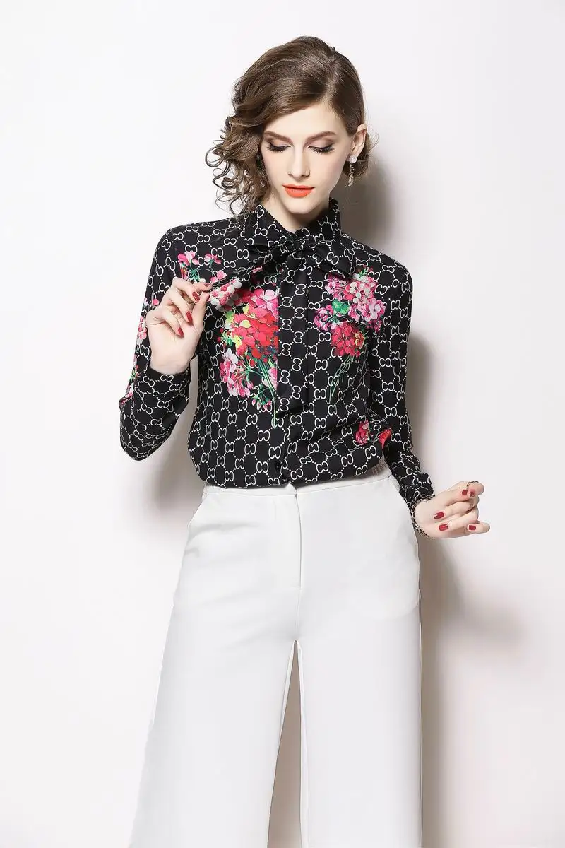 Elegant Office Lady Turn Down Collar Tied Neck Floral Geometric Printing Blouse Spring Women Button Loose Tops And Blouses