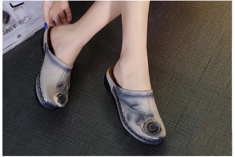 Женские Ретро тапочки Лето Натуральная кожа закрытый носок Дамская обувь тапочки для мам ручной работы плоские тапочки для женщин обувь