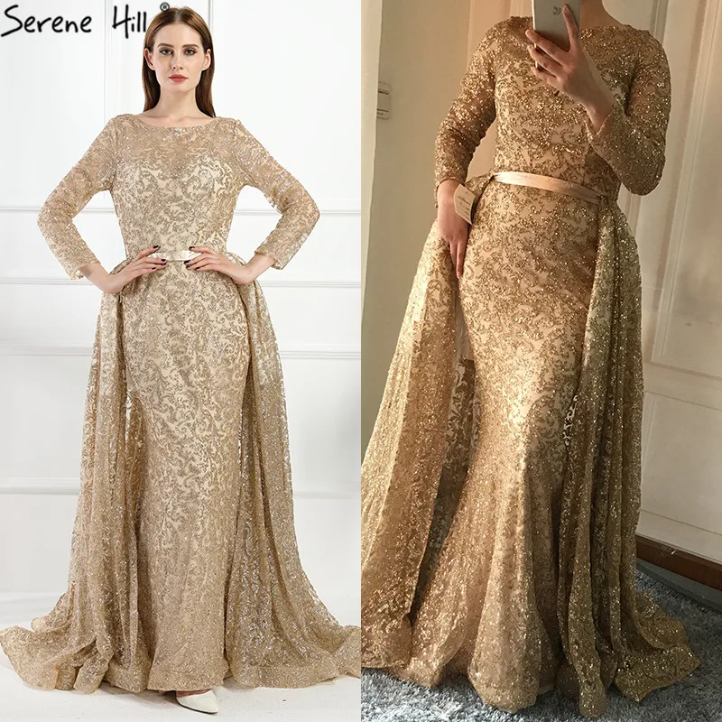 Модное роскошное вечернее платье в стиле русалки с длинными рукавами и шлейфом, вечерние платья, Serene hilm LA6112