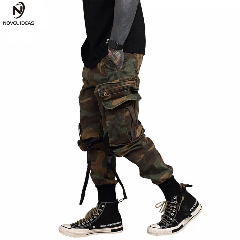 Neue ideen Casual Hosen Männer Schwarz Camouflage Cargo Pants Bänder Hip Hop Taschen 2018 Frühling Jogger Track Jogginghose US S