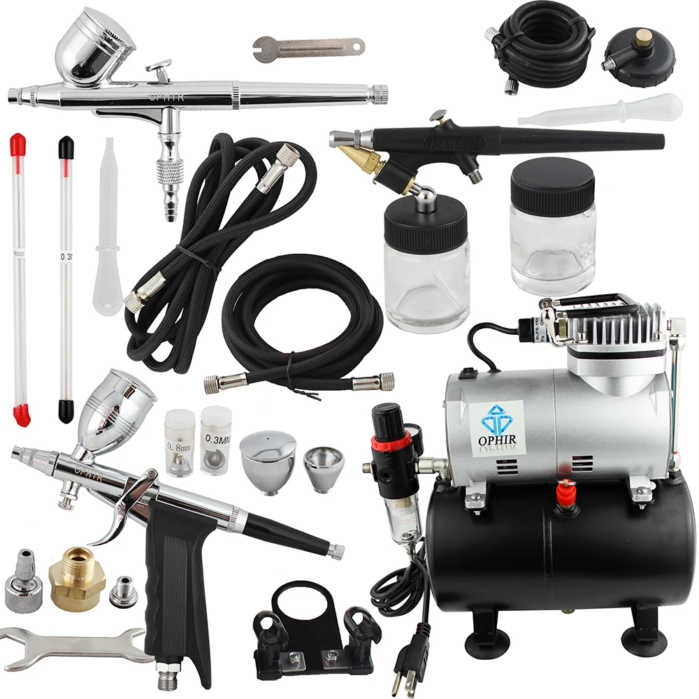 

OPHIR Pro Temporary Tattoo Airbrush Kit 2x Dual Action Spray Air Tank Compressor Set for Body Paint 110V,220V_AC090+004A+071+069