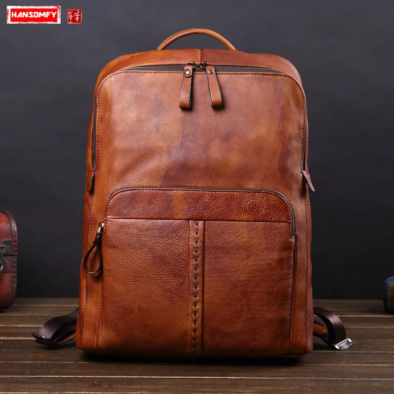 

New Genuine Leather men backpack business 15 inch laptop shoulder bag male casual retro trend travel bags computer backpacks