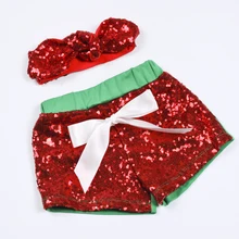 Рождественские зеленые шорты с пайетками для девочек, Детские новогодний наряд, красные шорты с блестками, подходящая повязка на голову