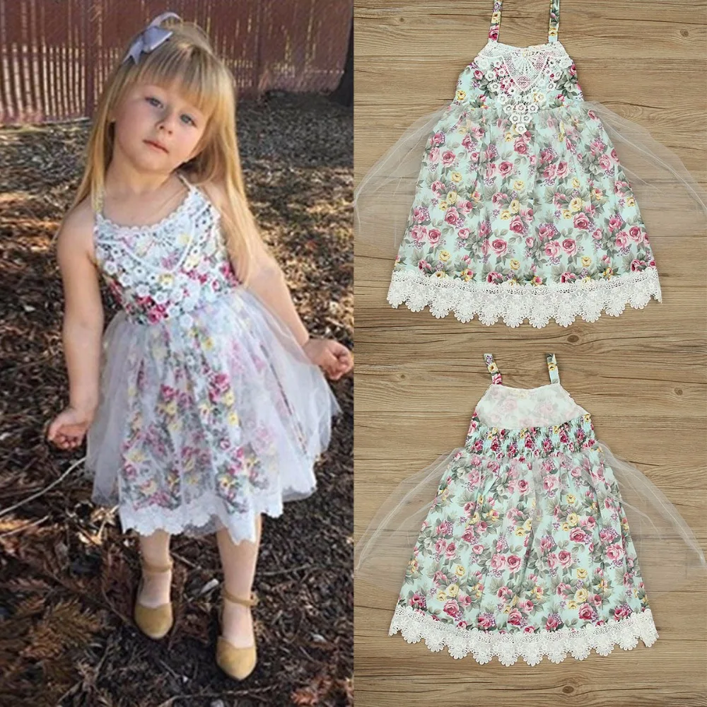 Puseky Toddler Kids Baby Girls Dresses Lace Floral Party Flower Halter