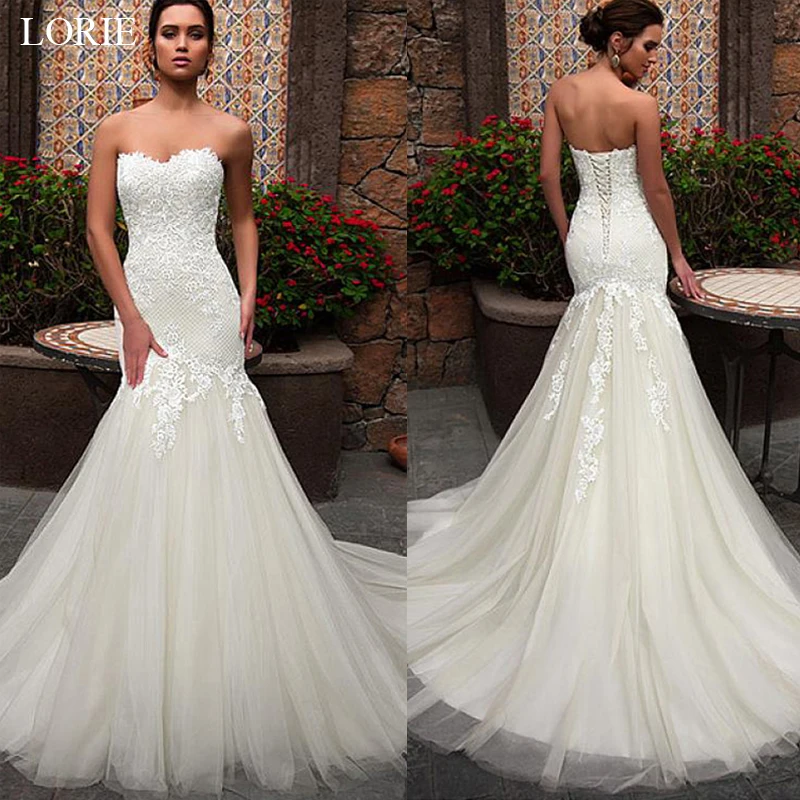 

LORIE Mermaid Wedding Dress 2019 Tulle with Lace Appliques Bridal Dress White Ivory Lace up vestido de noiva Sleeveless gelinlik