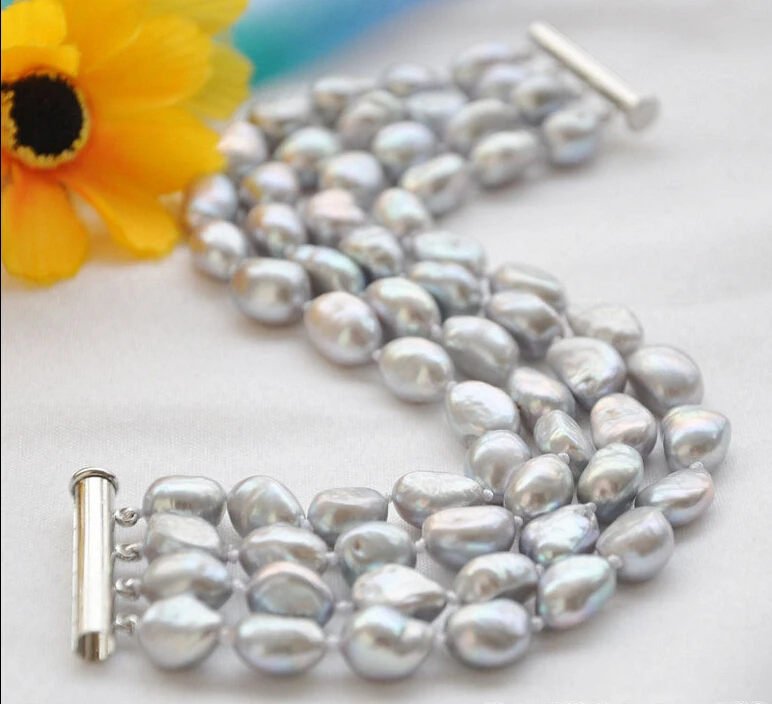 

shipping z5828 4row 8" 10mm gray baroque freshwater cultured pearl bracelet 5.25