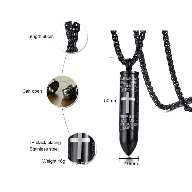 ZORCVENS, мужское ожерелье в форме пули, s& Подвески, можно открыть, панк, нержавеющая сталь, ожерелье с крестом для Мужчин, Ювелирные изделия для молитвы