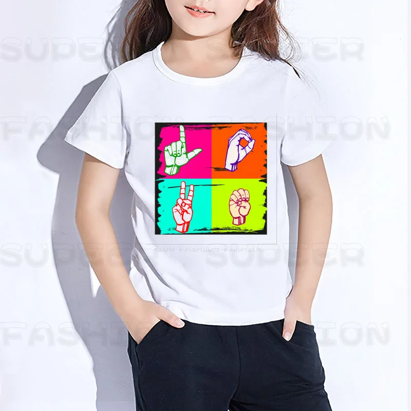 

Love Sign Language Funny T-Shirt for Boys and Girls Baby Summer Short Sleeve White Tops Children's clothing