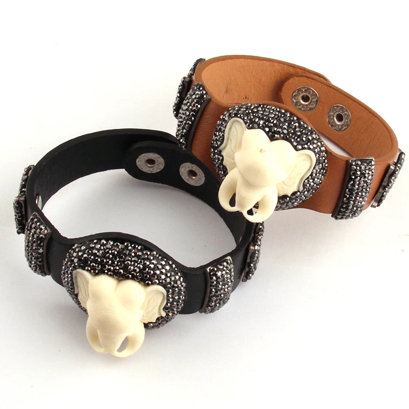 Free Shipping Fashion Handmake Paved Leather Bracelets Fashion Elephant