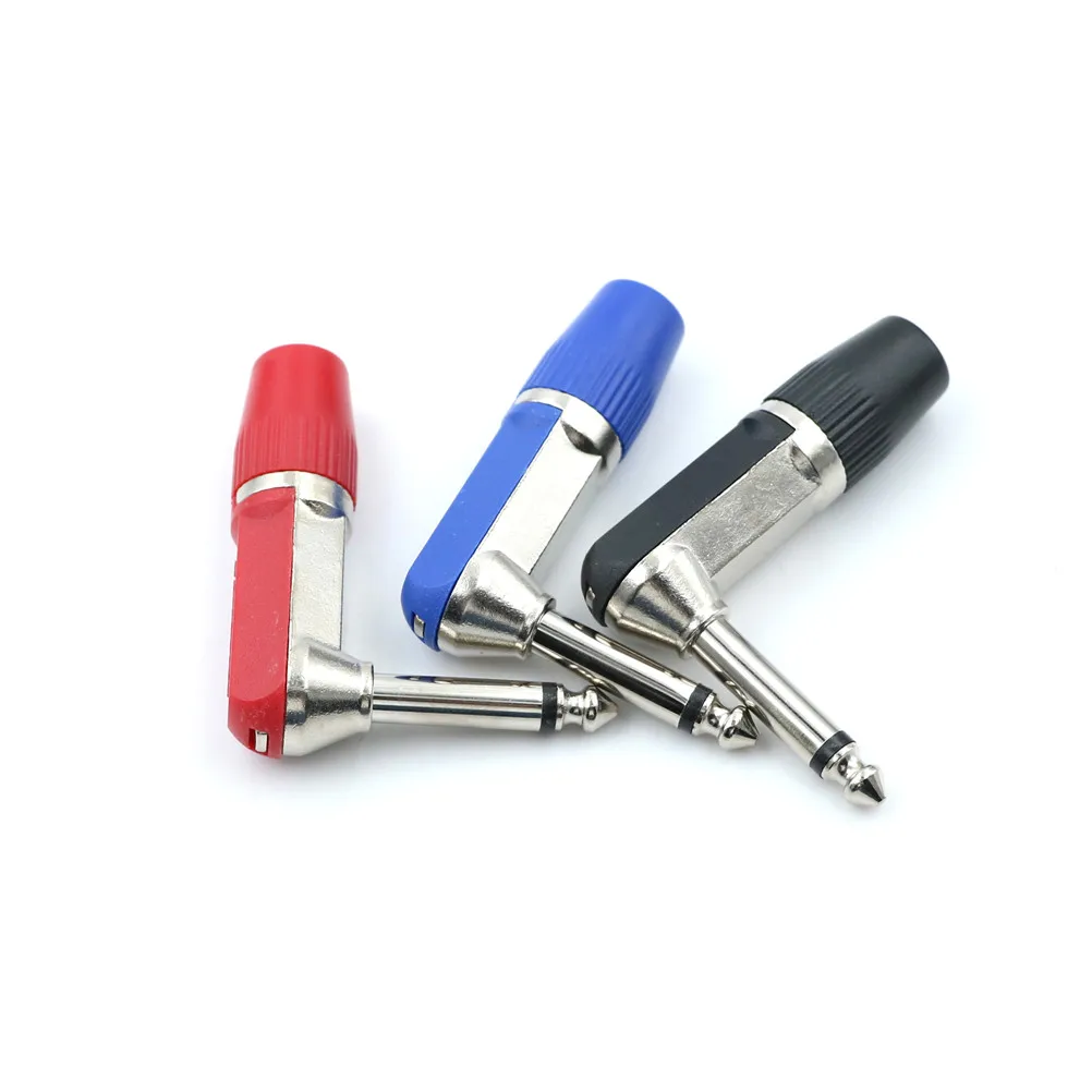 1PC Nickel Plated 1/4 inch 6.35mm 2 Pole Mono Male Jack Right Angle Guitar Plug Adapter Connector with Metal End Wholesale
