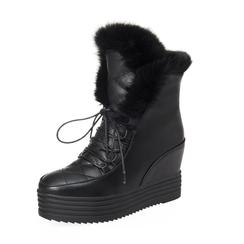 Fanyuan/Новинка; теплые меховые женские ботинки на платформе для русской зимы; распродажа; женские ботинки на танкетке; большие размеры 43 - Color: black