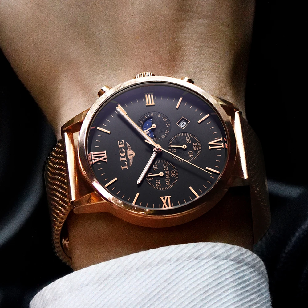 LIGE Top Luxury Brand Ultra-thin Business Quartz Watch Men's Casual Mesh Steel Gold Waterproof Sport Watch Man Relogio Masculino