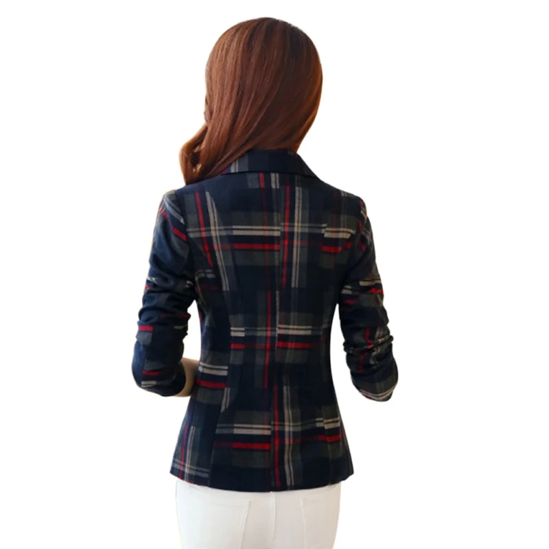 2018 Women Blue Red Plaid Blazer Elegant 3XL Blazer Feminin Ol Style Slim Blazers And Jackets One Button Suit Girl Office Jacket
