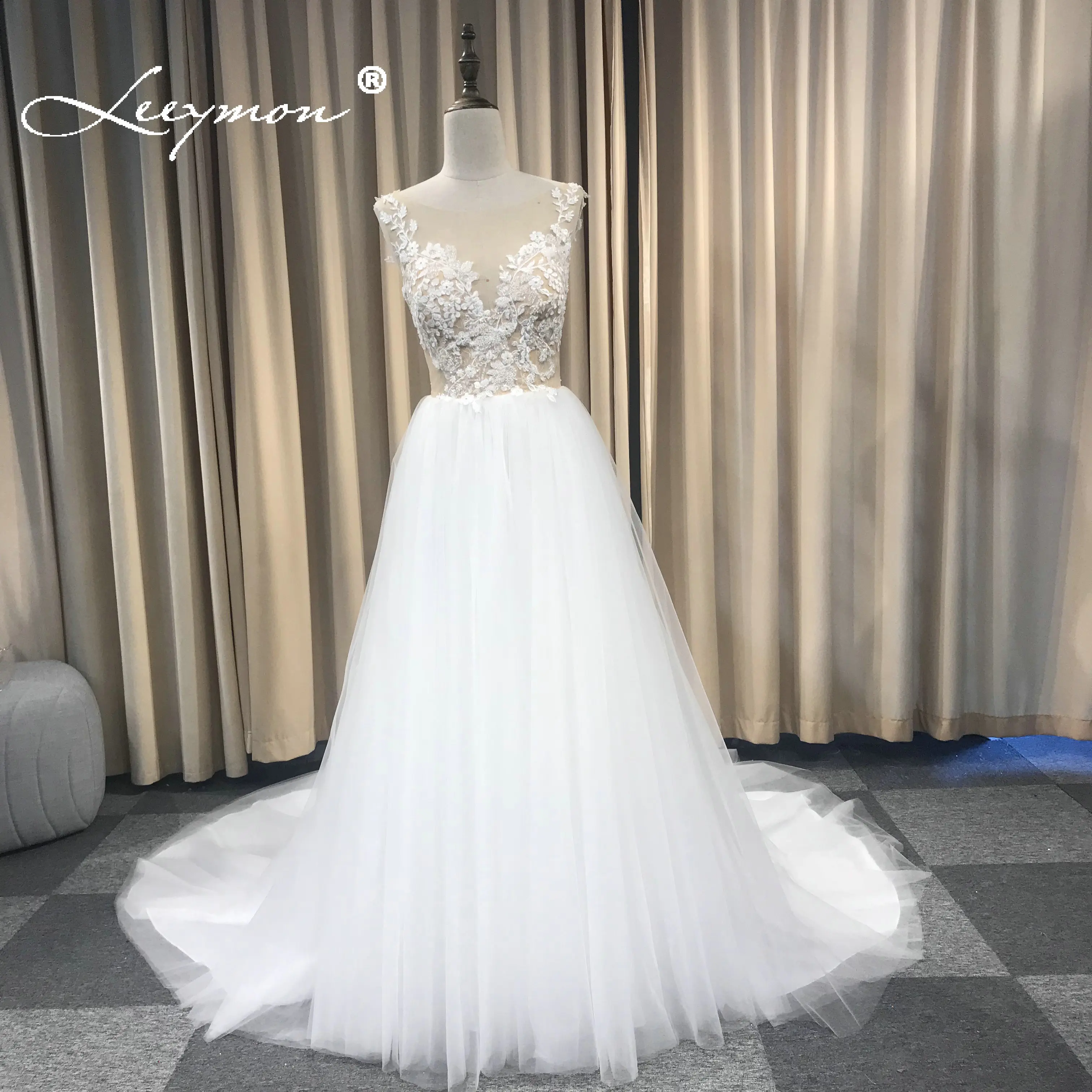 

Leeymon Romantic A Line Wedding Dress Lace Appliques Beaded Floor-Length Sleeveless Wedding Dress Bridal Gown Robe de Mariee