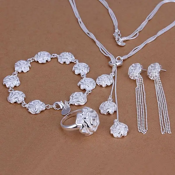 

S241 wholesale silver plated jewelry set,Factory price fashion jewelry set Rose Ring Drop Earrings Bracelet Necklace /ajyajbfa
