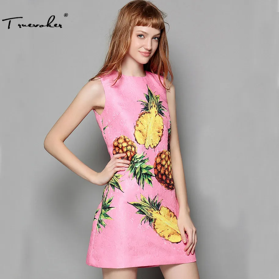 

Truevoker Europe Summer Fashion Designer Dress Women's High Quality Pineapple Fruit Printed Pink Embossed Tank Dress Plus Size
