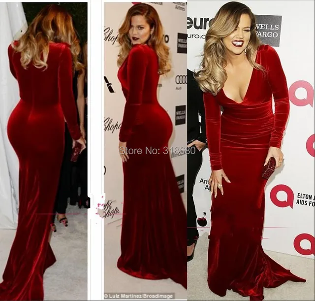 Red Carpet Khloe Kardashian Long Sleeves Wine Celebrity Dresses Red Carpet Khloe Kardashian Long Sleeves Wine Celebrity Dresses 2017 Velvet Evening Mermaid
