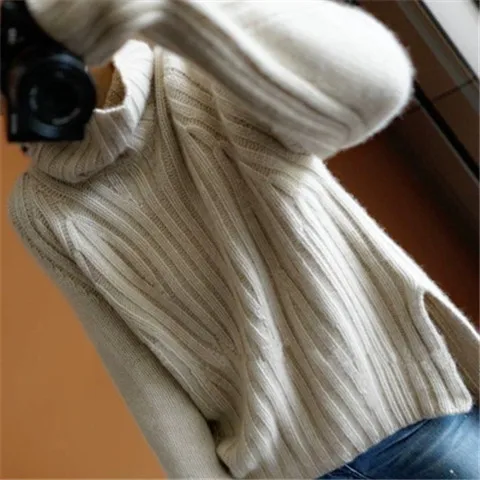 Чистый кашемир толстый вязаный женский модный водолазка открытый подол Свободный пуловер свитер сплошной цвет S-XL - Цвет: beige
