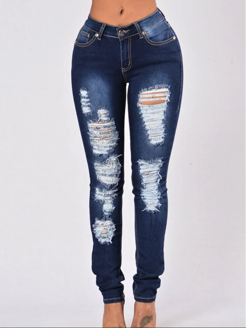 2018 г. однотонные повседневные джинсы Для женщин классические Высокая Талия тощий карандаш джинсовые рваные брюки стиля гранж эластичный
