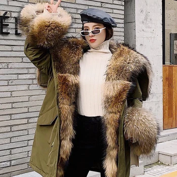 

Natural Raccoon Fur Women Coat Long 2019 Winter Fashion Real Fur Parka Jacket Inner Liner Feather Coat Hot Sellers