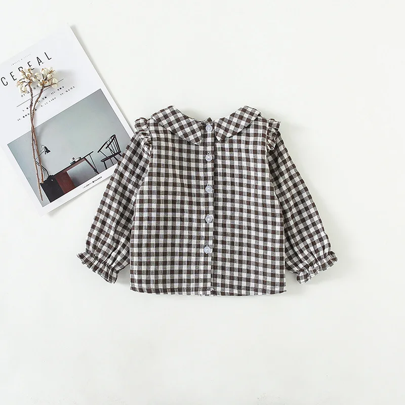 Autumn New Arrival cotton all-match plaid pattern Ear Fungus collar lovely Long Sleeved shirt for cute sweet baby girls