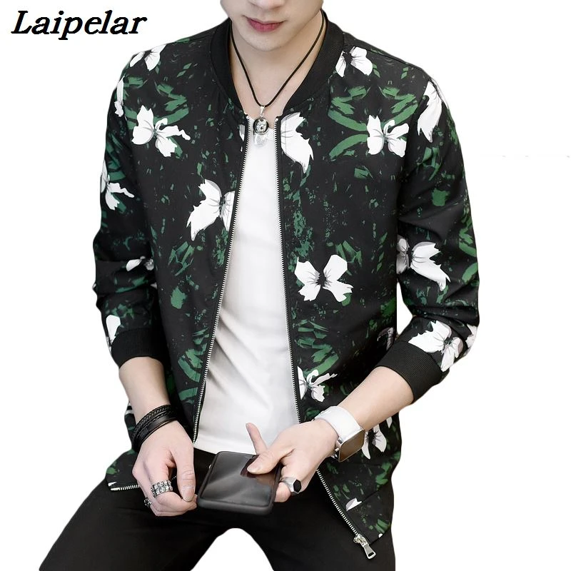 Coats Slim Fit Plus Size Casual Jacket Tops Mens Flower Printed Zipper Baseball