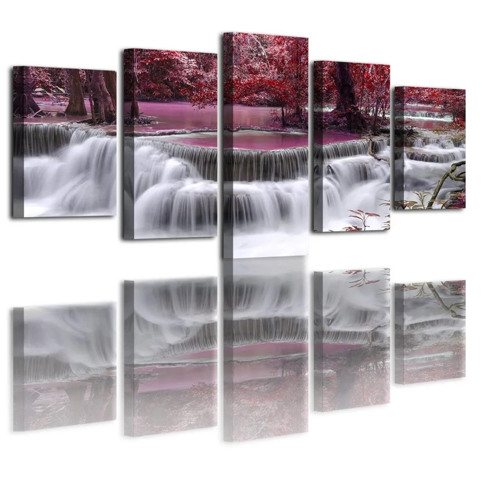 Red Waterfall Modern Landscape Painting 5 PCS canvas,Dreamlike Maple Leaves HD Prints Pictures Giclee Artwork Wall Art for Living Room Home Decor Wooden Framed Stretched Ready to Hang