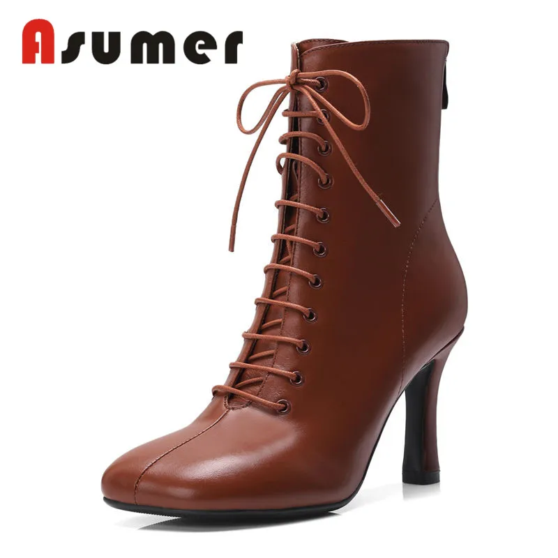 

ASUMER NEW 2020 solid fashion high heels boots cross tied adult high heels boots square toe unique zip genuine leather boots