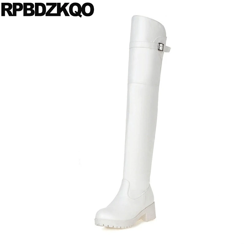 

Slim Long Women Boots Winter 2017 Platform Shoes Knee High Fur White British Metal Over The Chunky Stretch Size 34 New Female