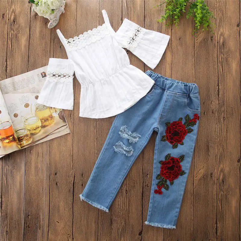 

BabyChildren Girl Clothes Sling Half Sleeve Top+Embroidered Jeans Set Infant Baby Kid Girl Cloths Outfit